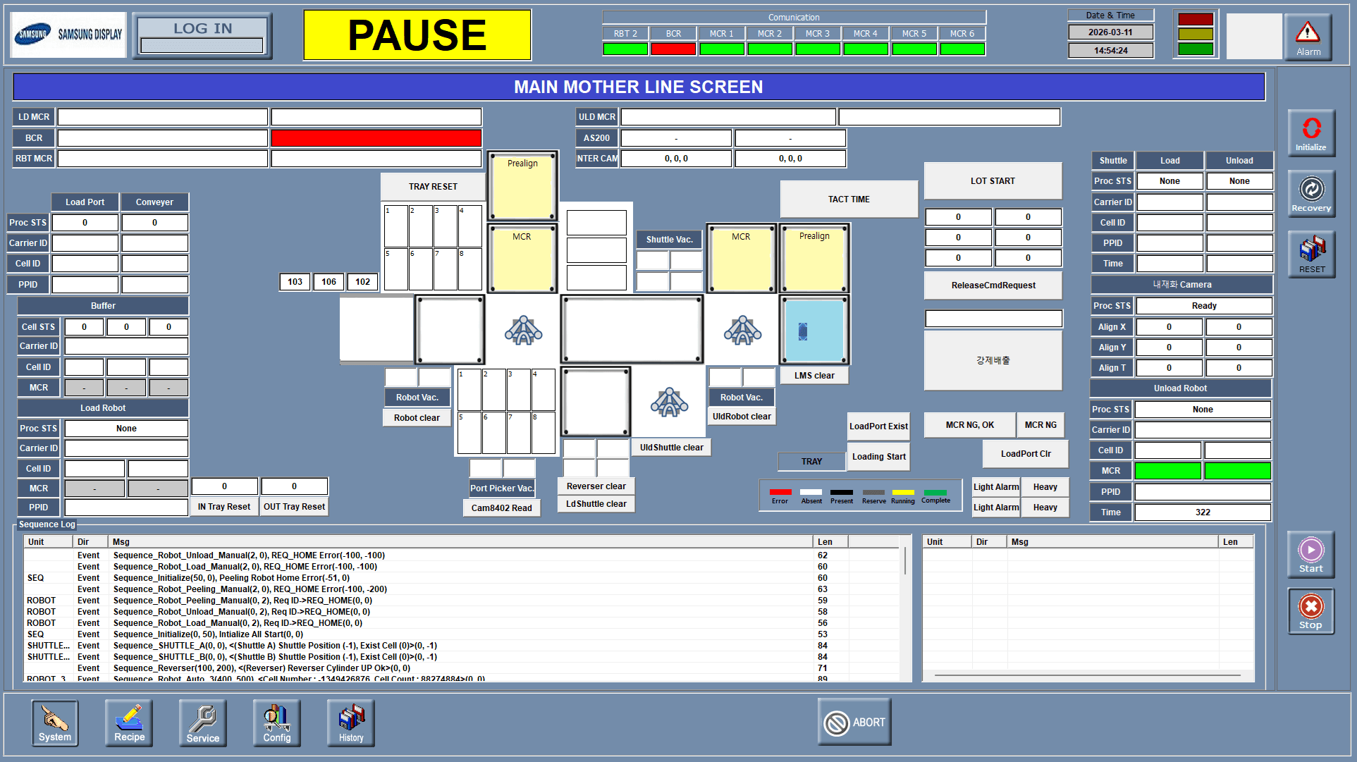 Main Mother Line 운전 중 화면 (시퀀스 로그 실시간 표시)