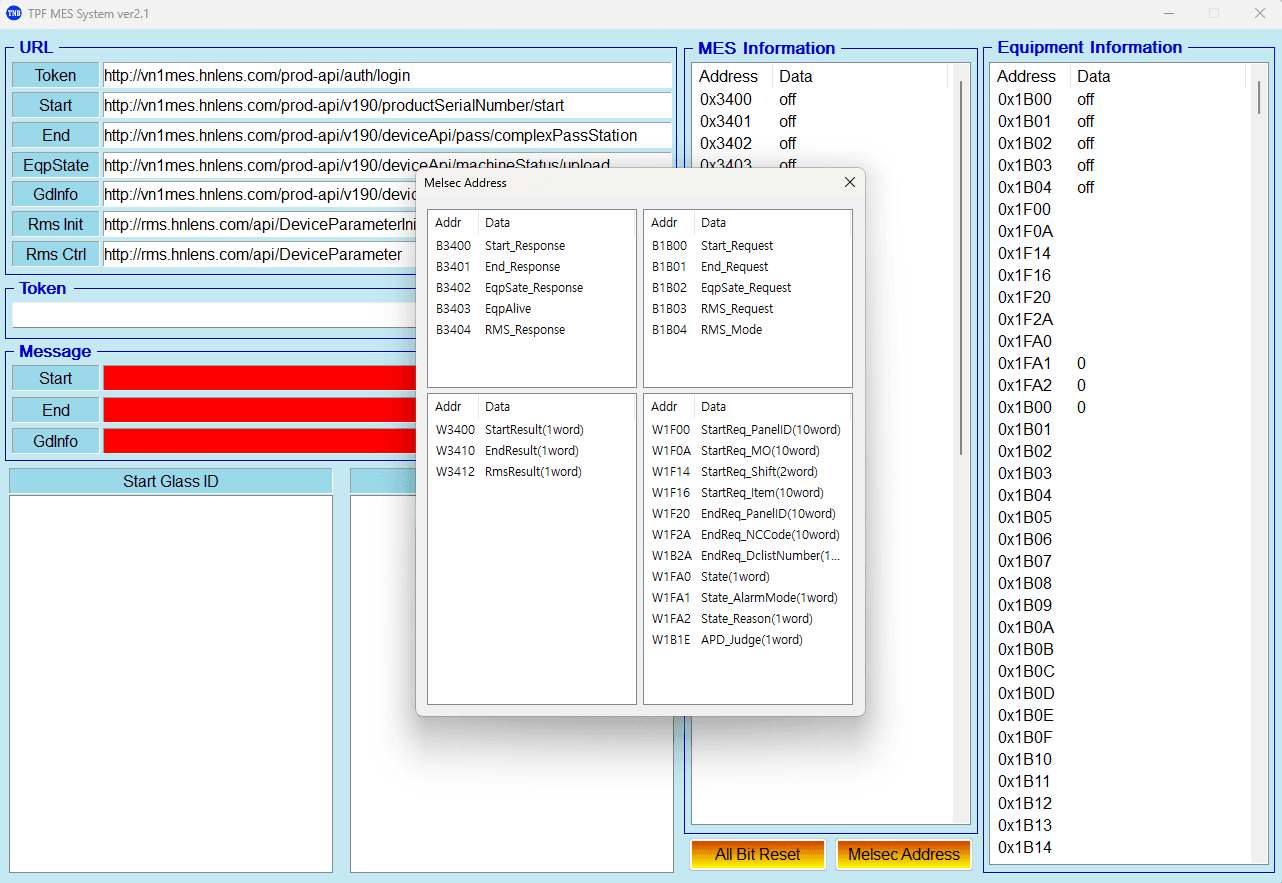 PLC(MELSEC) 주소 ↔ MES 데이터 매핑 화면