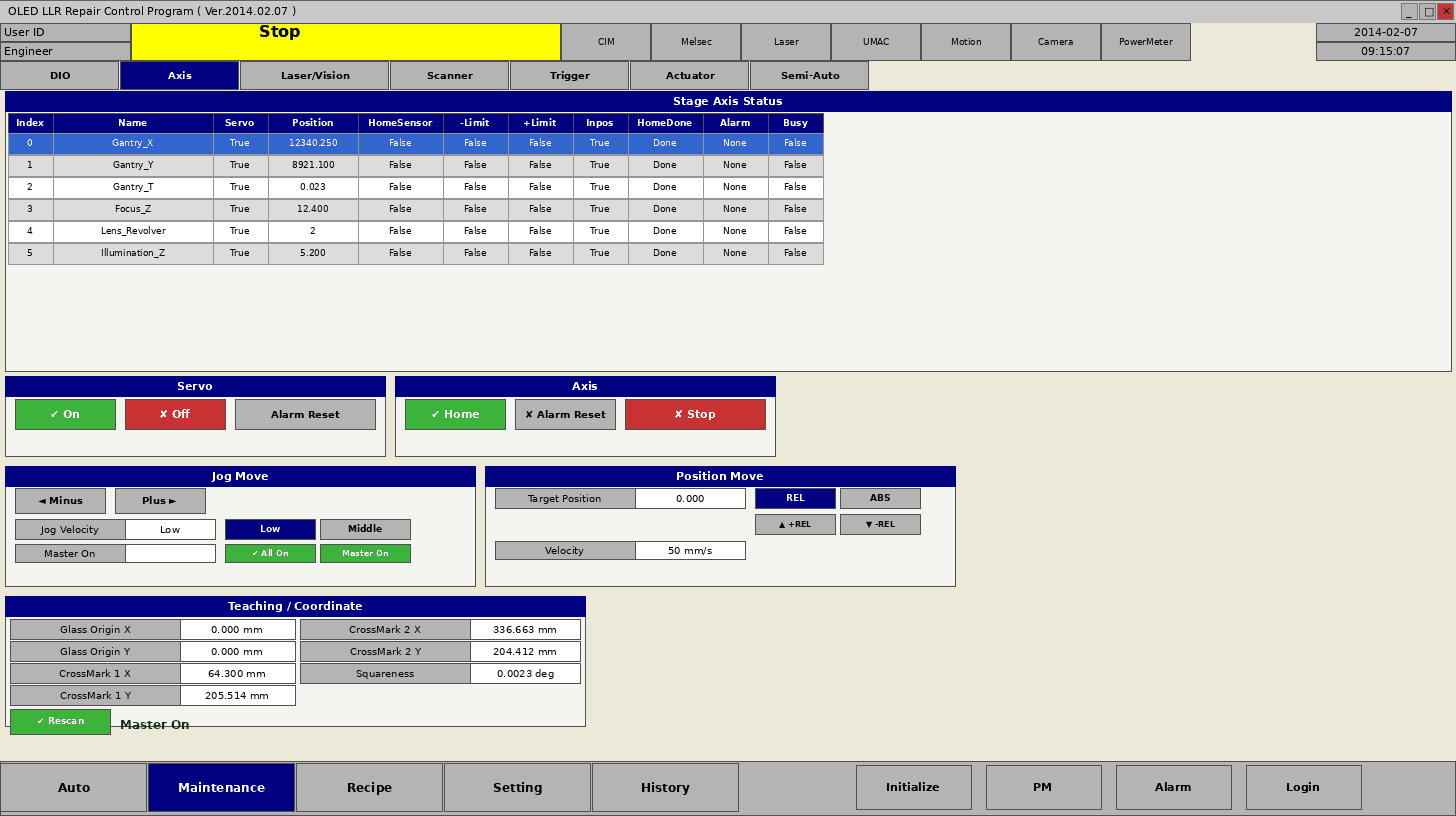 Axis 유지보수 — Gantry XYT/Z 스테이지 상태, Teaching/좌표 보정