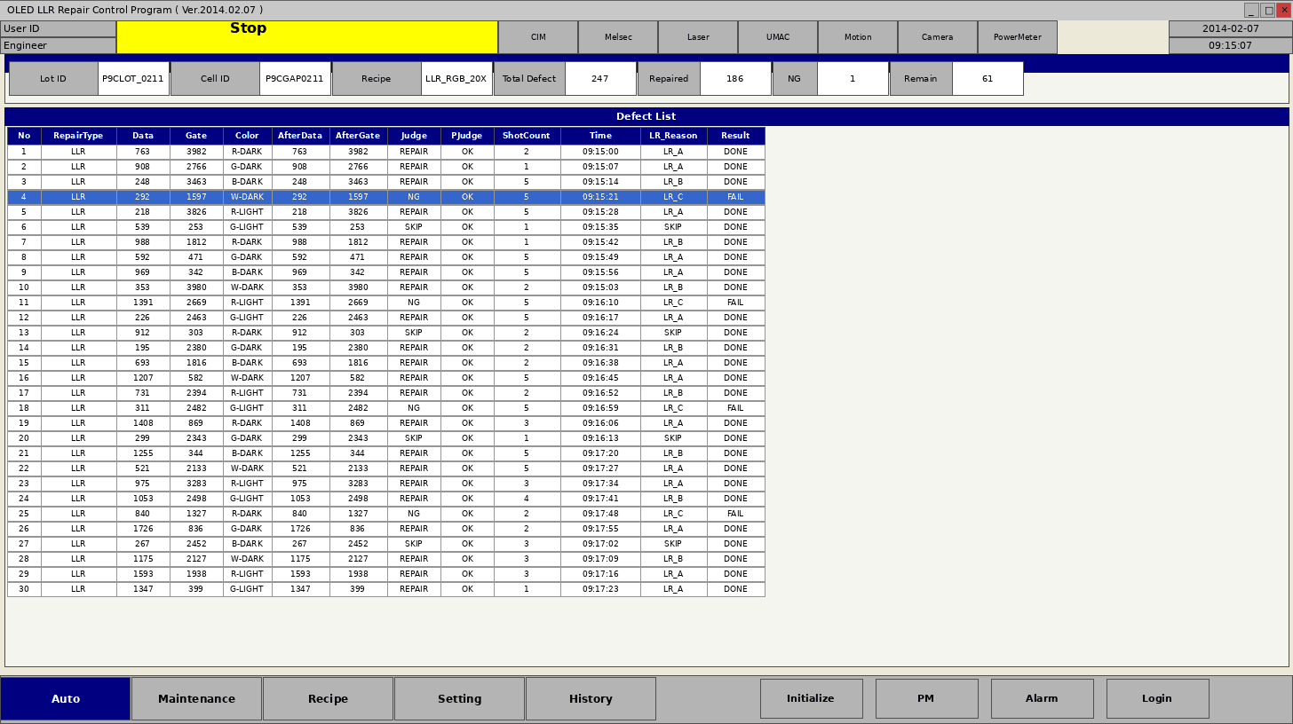 결함 리스트 — Lot/Cell 정보, R/G/B/W 채널별 결함 목록 및 판정 결과