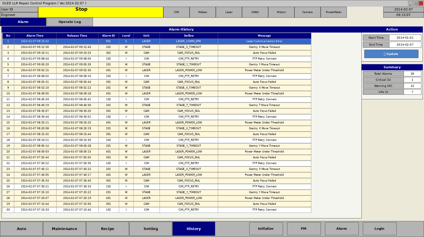 알람 이력 — Alarm History, 레이저/스테이지/CIM 알람 분류 및 조회